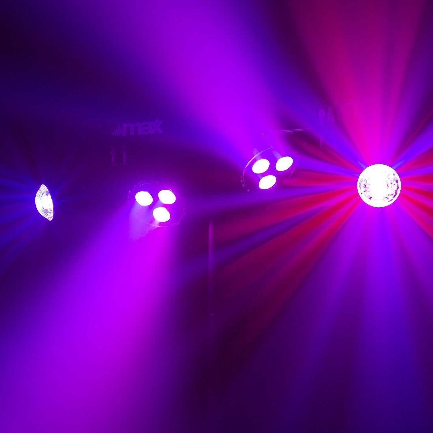 MAX Partybar 1 - DJ Lichtanlage mit Stativ | Discolicht Partylicht Musikgesteuert | 2x RGBW Spot & 2x Jellymoon Effektstrahler | LED Bar DMX, Automatik & Sound Modus für DJ, Bühne & Party Beleuchtung