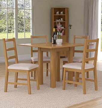 Hallowood Furniture Waverly Small Oak Dining Table and Chairs Set 4, Folding or Extending Square Kitchen Table and Chairs with Ladder Back and Beige Fabric Padded Seats for Home and Café