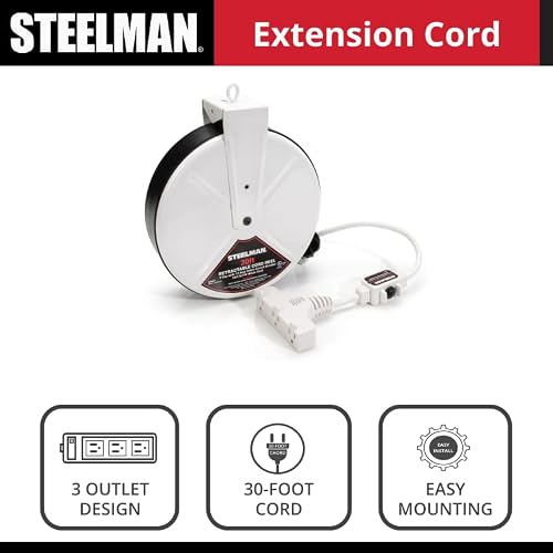 Steelman White 30-Foot Cord 13 Amp Tri-Tap Reel, 16-gauge Sheet Metal Reel Housing, 120V, 60Hz Inline Circuit Breaker, Housing Hooks into Garage or Auto Shop Ceiling
