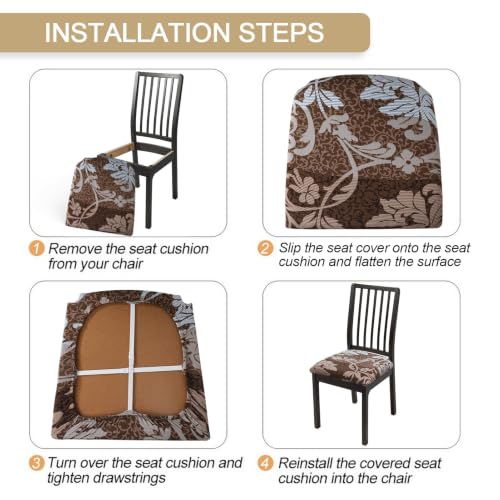 Image of SearchI Seat Covers for Dining Room Chairs Stretch Printed Chair Seat Covers Set of 4, Removable Washable Upholstered Chair Seat Protector Cushion Slipcovers for Kitchen, Office(Brown+Flower)