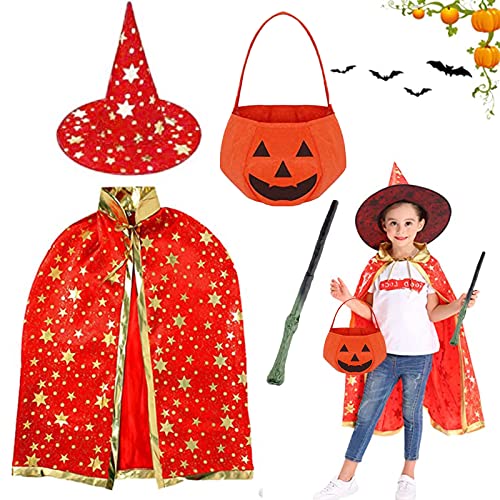 AOTOPYU Deguisement Sorcier per Enfant, Costume de Magicien, Ensemble de Costumes Cape, Baguette Magique, Sac de bonbons à la citrouille, pour les garçons filles cosplay party (Rouge) Cover