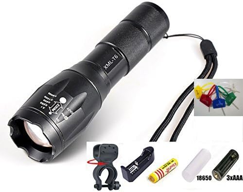Qich Zoomable Focus LED E17 Flashlight CREE XM-L T6 2000 Lumen 18650 5 Mode Penlight Light + Battery Charger + Bicycle clip