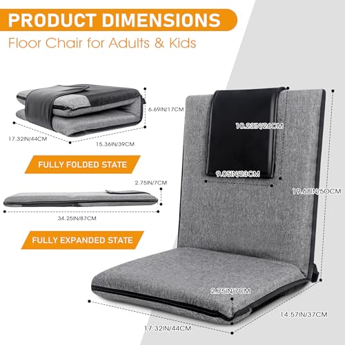 Image of FASTMOMENT Floor Chair with Back Support 14-Position Adjustable Floor Chair Portable Ground Seating for Adults & Kids Foldable Meditation Seat with Japanese KOYO Bearings & Washable Linen Cover (Grey)