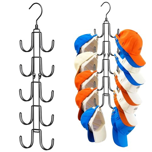 LarFaFa Hat Hangers for Closet, Hanging Hat Organizer with 10-Hook, Stainless Steel Hat Rack, Space Saving Cap Holder, Collapsible Hat Storage for Baseball Caps
