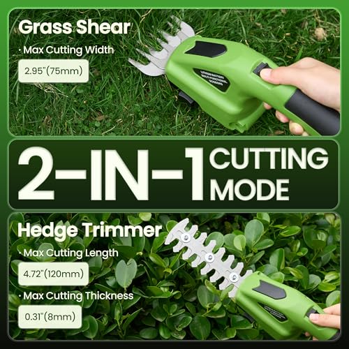 7.2V Cordless Hedge Trimmer, 2-in-1 Electric Shrub Trimmer and Grass Shears with 2000mAh Battery, 1100RPM Motor, 65Mn Blade, Safe and Easy to Use, 1.1LBS Lightweight, Use for Garden, Yard, Lawn