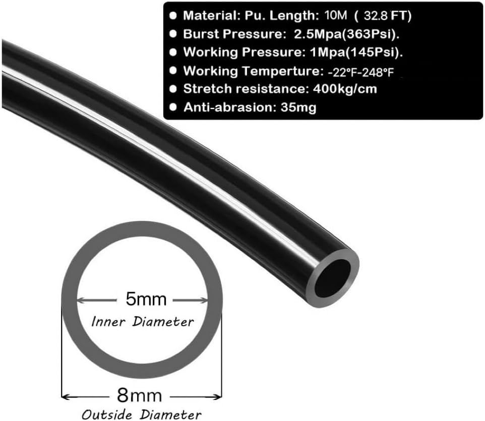Ecoverve 8mm OD 5mm ID PU Tube Kit - High Flexibility, 10M/32.8ft Polyurethane Air HosePressure Resistant Air Pipe for Pneumatic Tools, Compressors, DIY Projects 8mm*5mm with Connectors