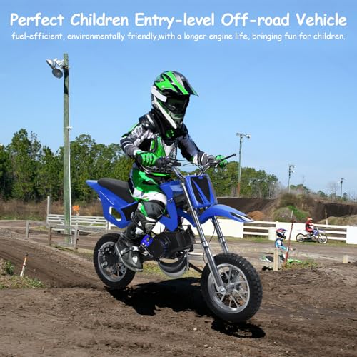 Image of Kids Dirt Bike, 50cc / Gas Powered Dirt Bike for Kids 8-14, 2-Stroke Mini Dirt Bike, Pull Start Off-Road Motorcycle, 10-Inch Tires, Disc Brakes, 25 MPH, 330 lb Max Load (Bright Blue)