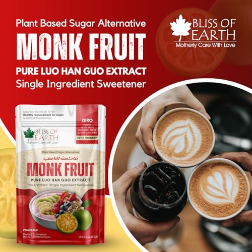 Image of Bliss of Earth Pure Monk Fruit Extract Powder Without Erythritol, Zero Calorie Natural Sugar Free Sweetener, Keto & Diabetic Friendly, Healthy Sugar Substitute for Tea, Coffee, Baking & Cooking, 42.52gm, 850 Servings