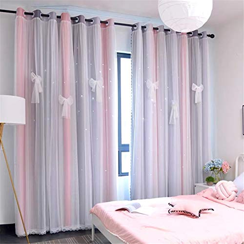 Image of Yancorp Room Darkening Blackout Curtains with Grommets Kids Lace Drapes Star Double Layer Window Panels with Tie Backs Bedroom Living Room (Pink Grey, W52 X 96 inch)