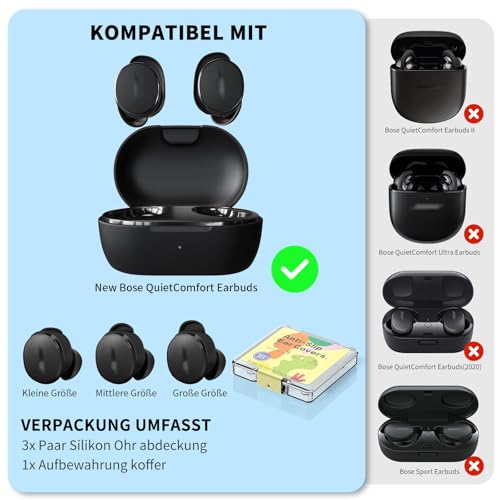 Kompatibel mit New Bose QuietComfort Earbuds - 3 Paare Silikon-Ersatz-Ohrstöpsel, Wasserdicht & rutschfest, Größen S/M/L (schwarz)