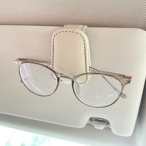 Image of KIWEN 2 Packs Sunglasses Holders for Car Visor, Magnetic Leather Glasses Eyeglass Clip for Car, Ticket Card Clip Sunglasses Mount, Car Visor Accessories Gadgets (2, Beige)