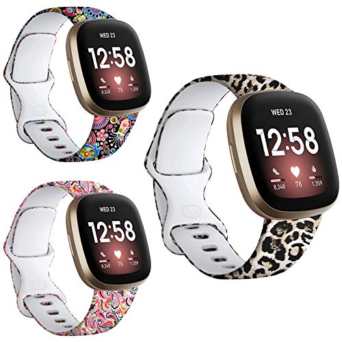 FunBand Compatible with Versa 3/ Versa 4/ Fitbit Sense Strap Bands,Floral Pattern Printed Soft Silicone Fitness Sports Replacement Wrist Strap Bracelet for Versa 3/ Versa 4/ Fitbit Sense Smart Watch