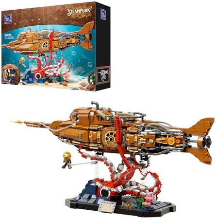PANTASY Steampunk Nautilus Submarine Building Set, Modular 3-Section Design with Gear-Linked Propeller, Mini Boat & Undersea Adventure Scene, Retro Mechanical Collectible Model Kit for Adults