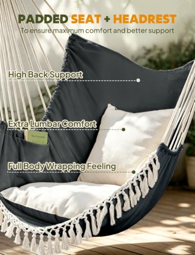 Miniatura 5 de Chihee Columpio Silla Hamaca Max 227kg 2 Cojines Incluidos Barra De Metal Con Ranuras Antideslizantes Silla Colgante Portátil Bolsillo Lateral Silla Bohemia Grande De Macramé Interior Exterior