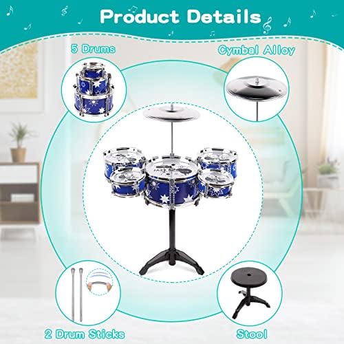 Drum Set for Kids Jazz Drum Kit with 5 Drums Musical Toy Kids Drum Set for Toddlers Instruments Toys for 3 4 5 Year Old Boys Girls Gifts (Blue) 4 51PL6vCg3CL. AC