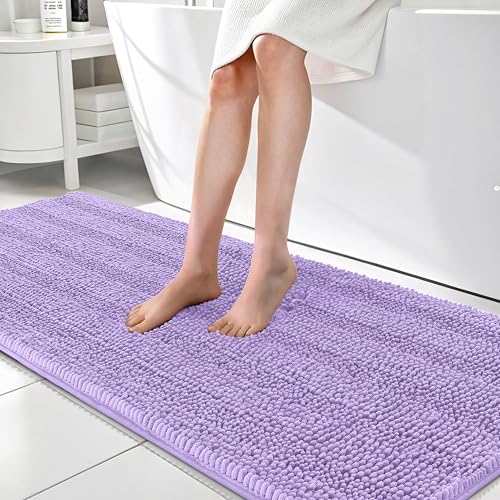 Image of OLANLY Thick Bathroom Runner Rugs 70x24, Absorbent Chenille Striped Bath Rugs, Rubber Backing, Machine Wash, Extra Long Bath Mats for Bathroom Floor, Tub and Shower, Home Decor Accessories, Lavender