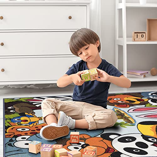 Machine Washable Educational Animal Design Non-Slip Rubberback 3X5 Kid's Area Rug For Playroom, Kid's Room, Bedroom, 2'7" X 5', Sky Blue #TOP7
