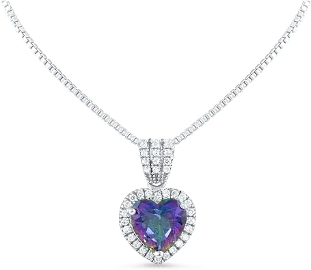 Sterling Silver Simulated Rainbow Topaz Halo Heart Necklace, for Women, Hypoallergenic, Nickel Free, Daily Wear, Layering Necklace, Adjustable Length, Gift for Her, Polished Finish