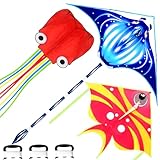Blueweenly 3 Pcs Kites Large Kites Beach Kite Easy to Fly for Adults Boys Girls 3 Pcs Flying Lines for Spring Easter Summer Beach Trip Game Outdoor Activities Gifts