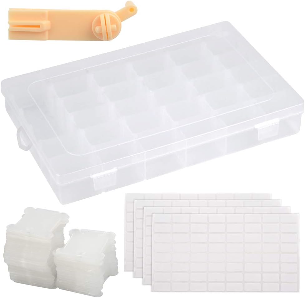 – White Plastic Floss Bobbins Set, Embroidery Thread Bobbins with Organizer Storage Box, 4 Sheets of Stickers & 100 Thread Cards