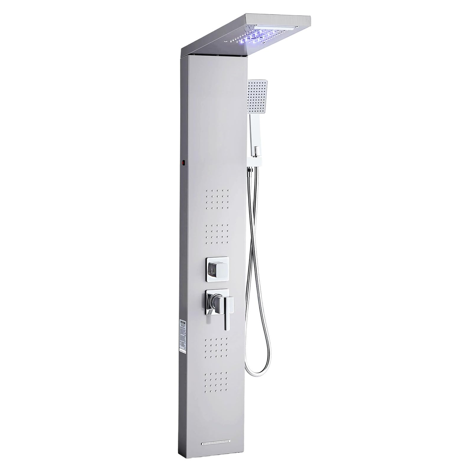 VEVOR Pannello Doccia a Torre con Soffione a Cascata LED, Colonna Doccia in Acciaio Inox Spazzolato 1345 mm, Rubinetto 5 Funzioni con Doccetta e Beccuccio per Vasca
