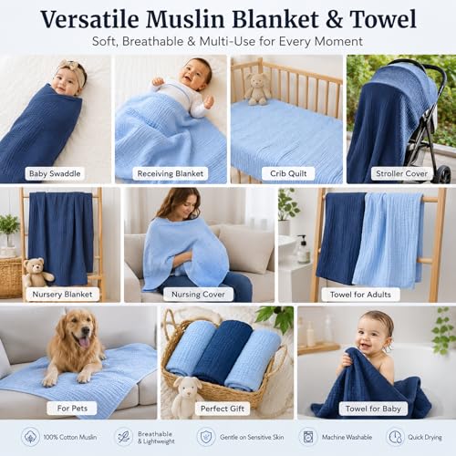 Image of Aablexema Muslin Baby Blanket Set of 2, Light Blue & Navy | 6-Layer, 43 x 43 Inches, Newborn Toddler, Bath Towel Swaddle Wrap, For Boys Girls