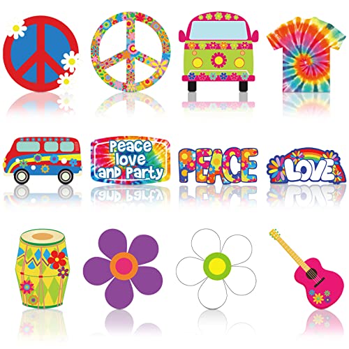 Junkin 60 Pieces 60's Hippie Groovy Party Tie Dye Birthday Party Decoration Cutouts Accents Hippy Retro Flower Peace Sign Cutouts 60's Vibe Wall Decoration