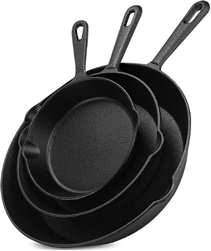 3 Piece Cast Iron Skillet Frying Pan Set, Black (6", 8", 10")