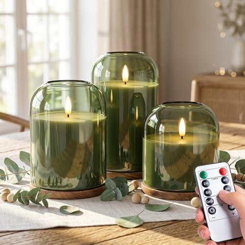 Mid Century Modern Decor Olive Green Glass Flameless LED Pillar Candles