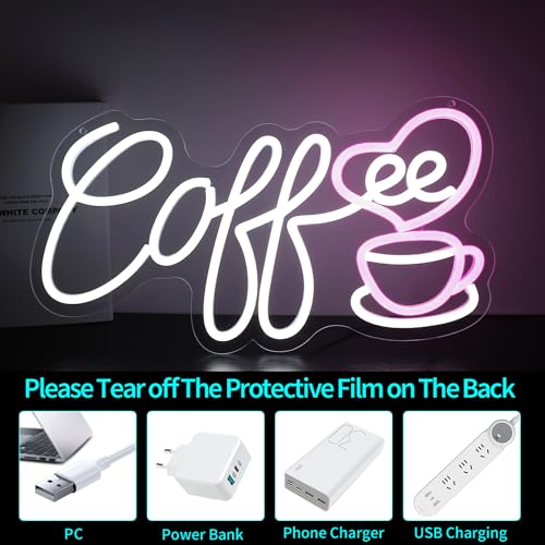 Image of Neon Sign, HSJNJKFU Coffee Neon Signs for Wall Decor White LED Light Sign for Cafe Room Shop Coffee Cup Bar Signs for Wall Decor Restaurant - USB Powered