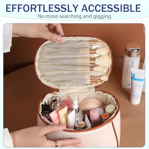 Makeup Bag Toiletry Bag for Women Portable Cosmetic Organizer with Brush Holder Waterproof Travel Toiletry for Women with Handle and Divider(Brown white)2