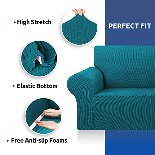 KEKUOU Stretch Single Sofa Slipcover 1 Piece Couch Sofa Cover (31"-55") Furniture Protector 1 Seater Sofa with Elastic Bottom for Kids,Pet.Jacquard Small Checked Pattern Fabric(Small,Peacock Blue)