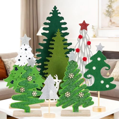 SUNBEAUTY Christmas Table Decorations 7PCS Mini Christmas Trees Felt Centerpieces for Table Decoration with Wooden Base Christmas Tabletop Home Holiday Xmas Party Decor