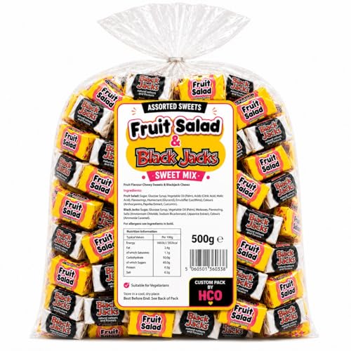 Black Jacks & Fruit Salad Retro Sweets Assorted Chewy Candy Pick and Mix 500g Bulk Bag for Parties Gifts & Sharing