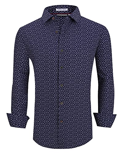 Alex Vando Mens Button Down Shirts Wrinkle Free 4-Way Stretch Print Business Casual Shirt,Navy Flower,M
