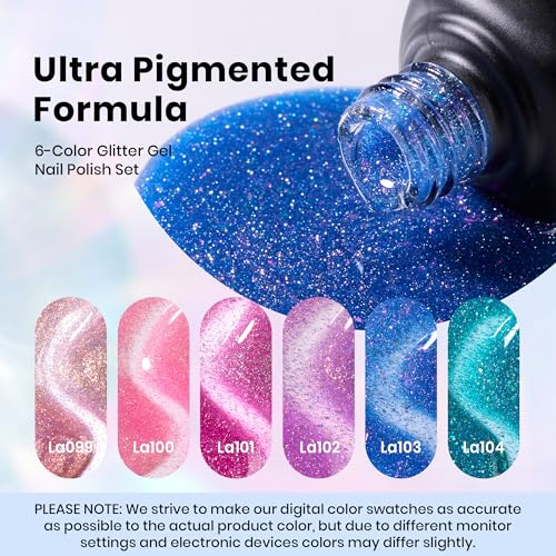 Image of Beetles Chameleon Gel Polish Set - 6 Colors Crushed Diamond Glitter Gel Polish, Sparkle Pink Purple Blue Soak Off UV LED Gel Nail Kit DIY Manicure Spring Gift for Women