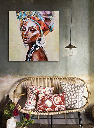Large Canvas Prints Wall Art Photo For Home, African American Black Girl Oil Paintings, 3D Hand Painted Colorful Modern Indian Worman Pictures For Bedroom, Living Room, Ready To Hang 36X36 Inches #TOP2