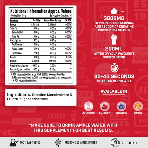 Image of GNC Pro Performance Pure Micronized Creatine Monohydrate | 50 gm | Cranberry | Instantized | Fuels Muscles | Increase Muscle Mass | Rapid Absorption | Lab Tested | Unflavoured | Boosts Athletic Performance | Imported