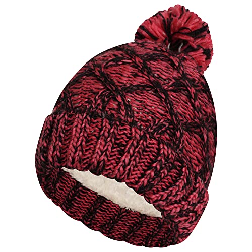 Loxdonz Damen Winter Gerippte Beanie, gekreuzte Fleece-gefütterte Mütze, Grobstrick, Pompon, weiche warme Mütze, rot, Einheitsgröße Cover