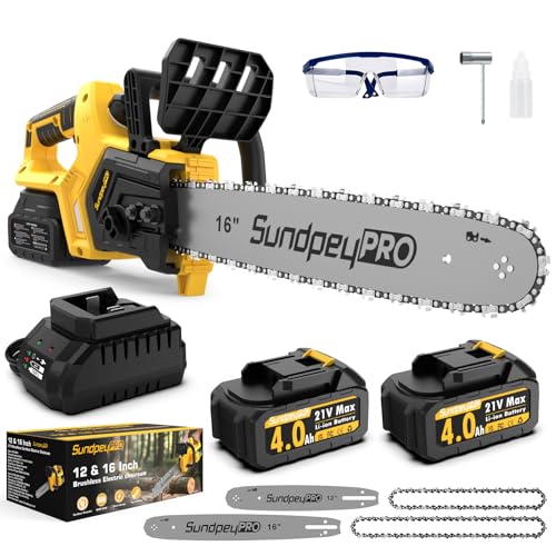 SundpeyPRO Motosierra Eléctrica Inalámbrica, 12+16 Pulgadas Motosierra a Batería con 2 × 4.0Ah Baterías y Cargador, Motor Sin Escobillas 1200W, Motosierras para Podar Árboles Jardin y Corte de Leña