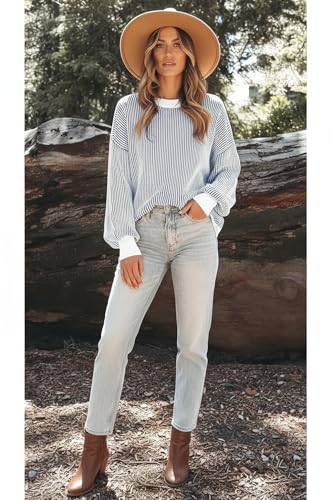 Image of Womens Sweaters Fall 2026 Clothes Oversized Striped Knit Top Winter Outfits | ETCYY Long Sleeve Colorblock Pullover Tops,Fall Sweaters For Women Trendy,Casual Work Office,Cream,Cute Oversized Sweater