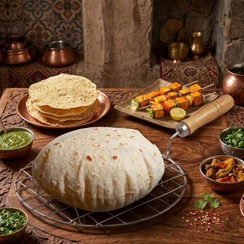 Image of Papad Jali Roast Paneer Grill Roti Maker | Round Barbeque Chapati Toast Grill with Wooden Handle | Stainless Steel Vegetable Tandoor Net for Baigan Bharta, Roti, Papad & BBQ Use