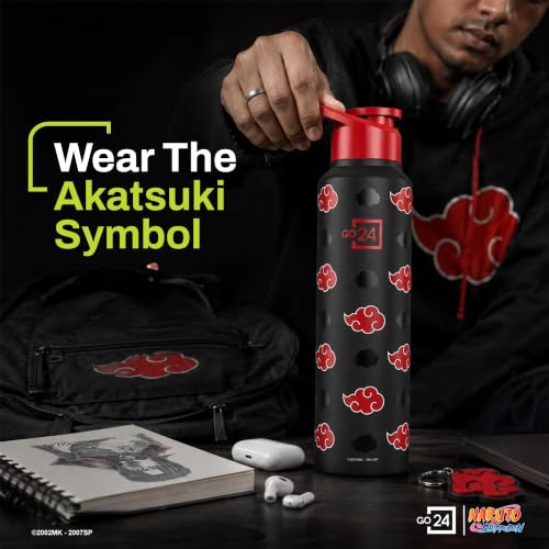 Image of Water Bottle 950ml Stainless Steel Sports /Fridge Bottle with Sipper Cap | 1-Year Warranty | Single Wall| For Home, Office, Gym, Travelling | Lightweight | Naruto Ninja | Black - Akatsuki Cloud