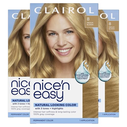 Clairol Nice'n Easy Permanent Hair Dye, 8 Medium Blonde Hair Color, Pack of 3 - Packaging May Vary