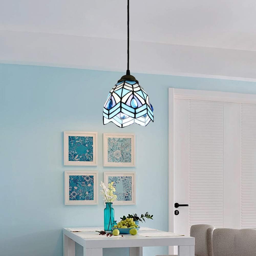LITFAD Peacock Style Blue Stained Glass Tiffany LED Pendant Lighting One-Light Mini Ceiling Hanging Light for Dining Room Restaurant Coffee Shop Bar