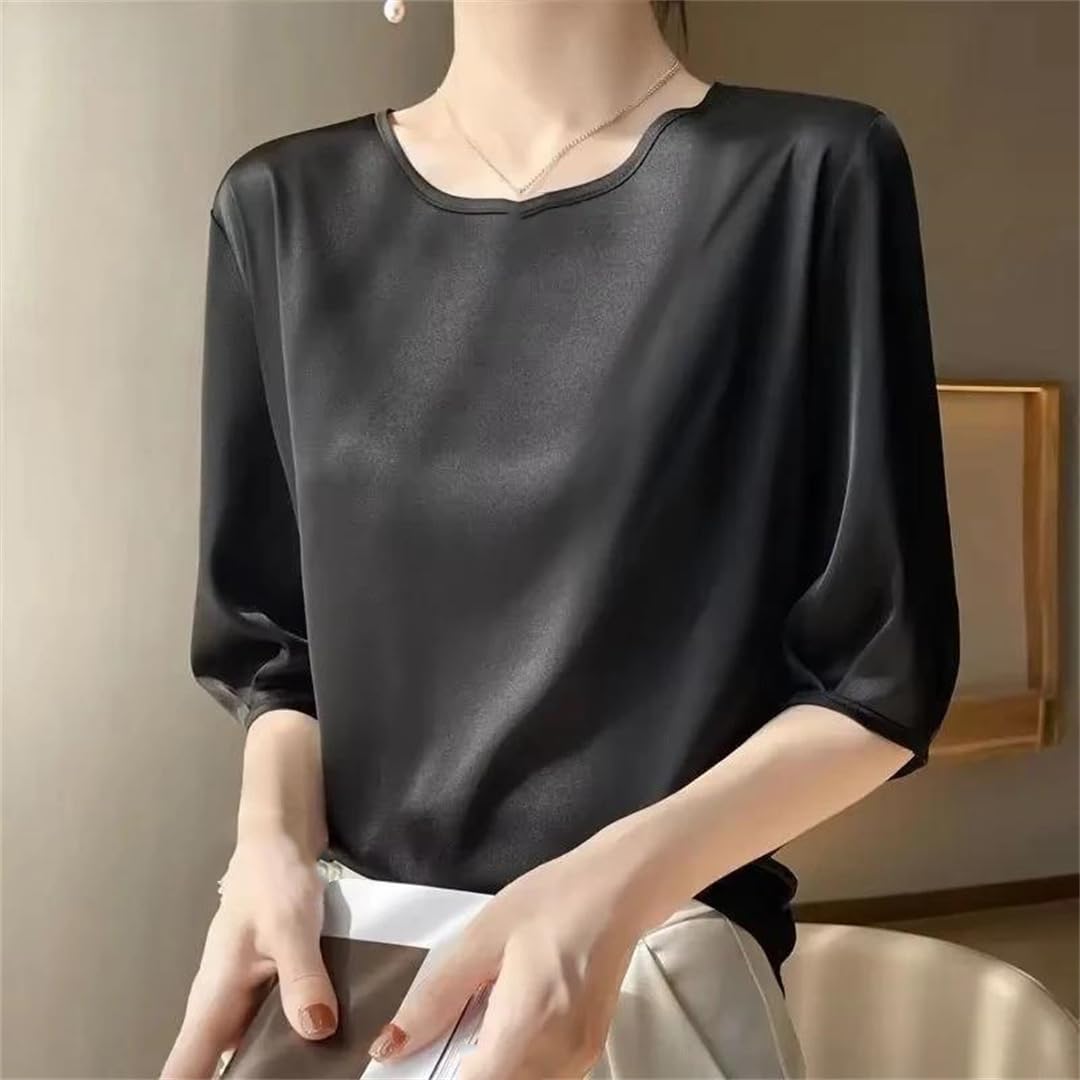 Camicetta estiva da donna in raso, ampia, a mezza manica, casual, tinta unita, con scollo rotondo