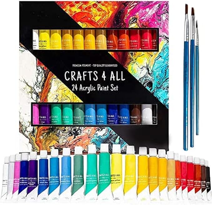 Acrylic Paint Set for Adults and Kids - 24 Pack of 12mL Paints with 3 Art Brushes, Non-Toxic Craft Paint for Easter Eggs, Ceramic Rock Paint - Art Supplies
