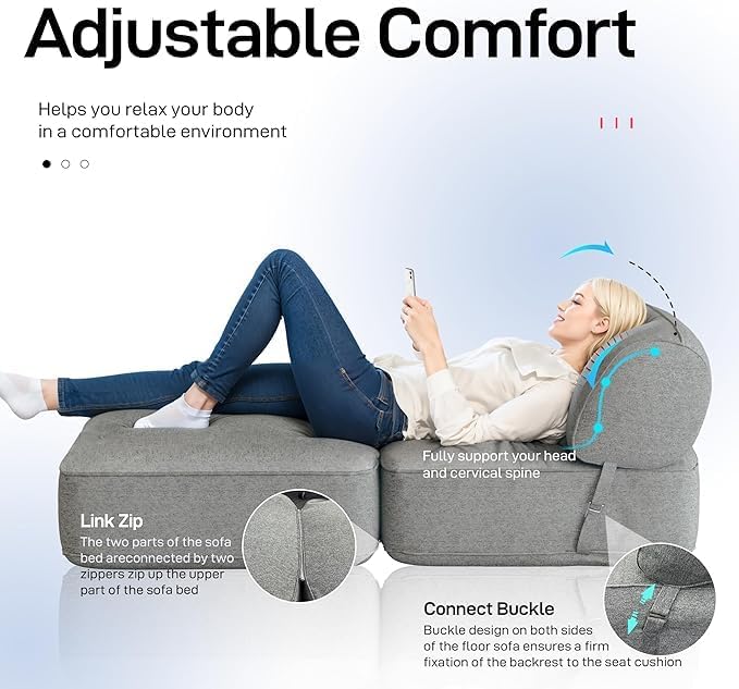 Folding Lazy Floor Sofa for Adults, Linen Convertible Bed Couch Cozy Large Fold Out Chair Bed Grey, Mattress Sleeper Guest Floor Recliner Loung Sofa with Headrest Pillow Bedroom Living Room Balcony
