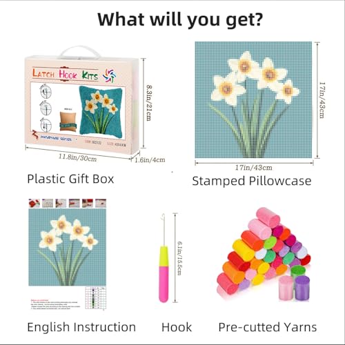 Image of DIY Latch Hook Pillow Kits for Adults Daffodil Flower Printed Pillowcase Crochet Yarns Hooking Handmade Pillow Cover Cushion for Home Sofa Decoration 17x17inch-6