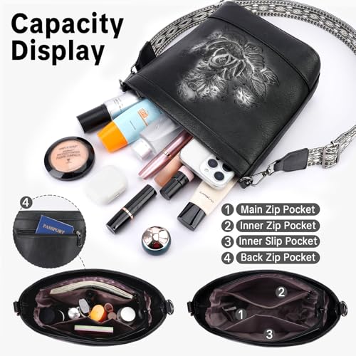 Image of Crossbody Purses for Women, Trendy Embossed Vegan Leather Bucket Bag, Travel Shoulder Handbag with 2 Detachable Straps
